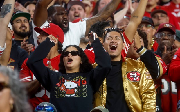 San Francisco 49ers fans celebrate a play against the Atlanta Falcons in the fourth quarter at Levi's Stadium in Santa Clara, Calif., on Sunday, Oct. 19, 2025. (Nhat V. Meyer/Bay Area News Group)