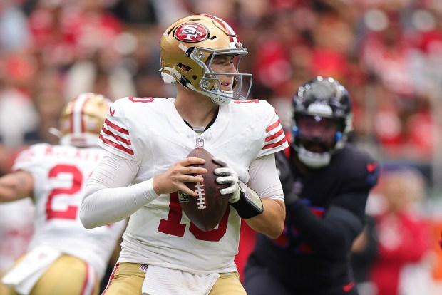 Mac Jones #10 of the San Francisco 49ers looks to pass in the second quarter of the game against the Houston Texans at NRG Stadium on Oct. 26, 2025 in Houston, Texas. (Photo by Alex Slitz/Getty Images)