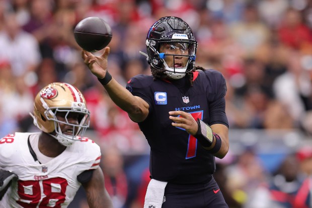 C.J. Stroud #7 of the Houston Texans makes a pass in the first quarter of the game against the San Francisco 49ers at NRG Stadium on Oct. 26, 2025 in Houston, Texas. (Photo by Alex Slitz/Getty Images)