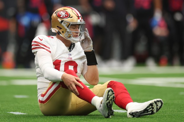 Mac Jones #10 of the San Francisco 49ers reacts in the first quarter of the game against the Houston Texans at NRG Stadium on Oct. 26, 2025 in Houston, Texas. (Photo by Tim Warner/Getty Images)
