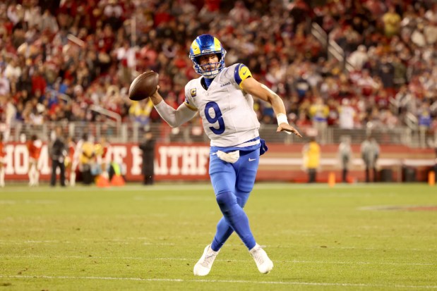 Los Angeles Rams quarterback Matthew Stafford (9) makes a throw against the San Francisco 49ers in the third quarter of an NFL game at Levi's Stadium in Santa Clara, Calif., on Thursday, Dec. 12, 2024. (Ray Chavez/Bay Area News Group)