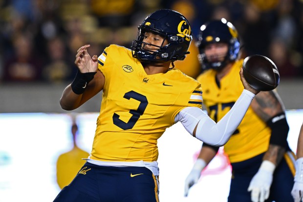 California Golden Bears quarterback Jaron-Keawe Sagapolutele (3) throws a pass against the Minnesota Golden Gophers in the second quarter of their game at Memorial Stadium in Berkeley, Calif., on Saturday, Sept. 13, 2025. (Jose Carlos Fajardo/Bay Area News Group)