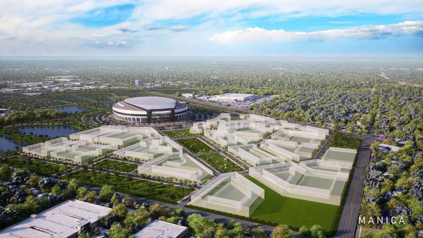Manica Architecture's conceptual rendering of the Bears' stadium-anchored redevelopment in Arlington Heights was released in September 2025.