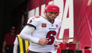 Tampa Bay Buccaneers quarterback Baker Mayfield (6) takes the field after halftime during an NFL football game against the Philadelphia Eagles, Sunday, Sept 28, 2025, in Tampa, Fla. (AP Photo/Peter Joneleit)