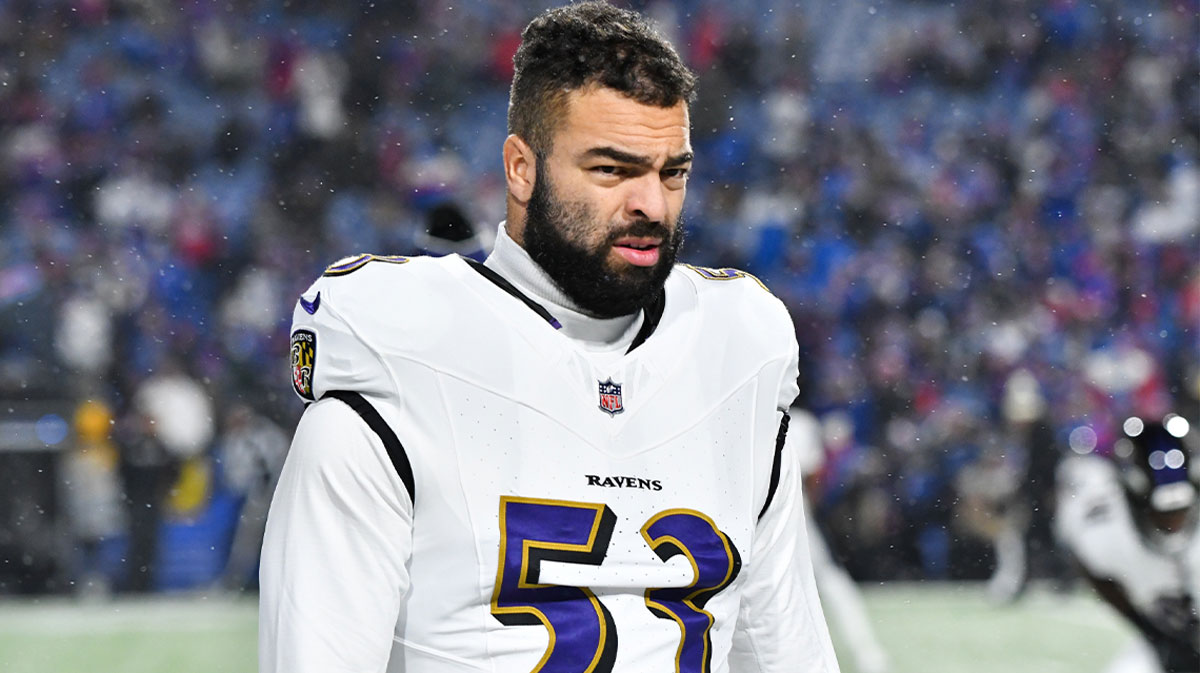 Baltimore Ravens linebacker Kyle Van Noy (53) looks on during the first quarter against the Buffalo Bills in a 2025 AFC divisional round game at Highmark Stadium.