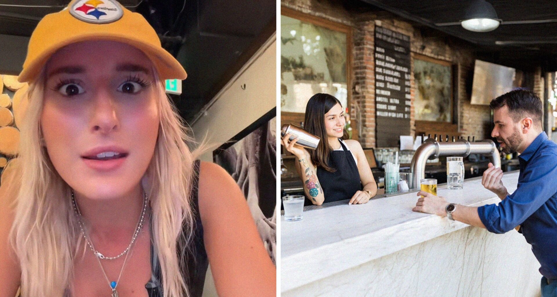 woman shares work tricks (l) man speaking to bartender (r)