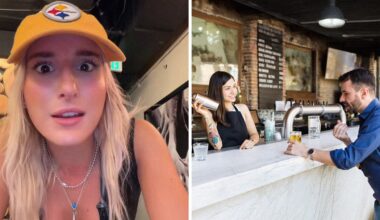 woman shares work tricks (l) man speaking to bartender (r)
