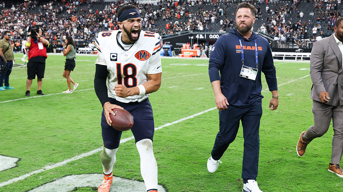 Chicago Bears quarterback Caleb Williams (18) celebrates after the game against Las Vegas Raiders at Allegiant Stadium.