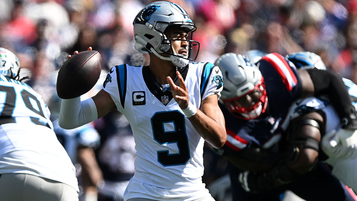 Carolina Panthers quarterback Bryce Young (9) looks to throw against the New England Patriots during the first half at Gillette Stadium.