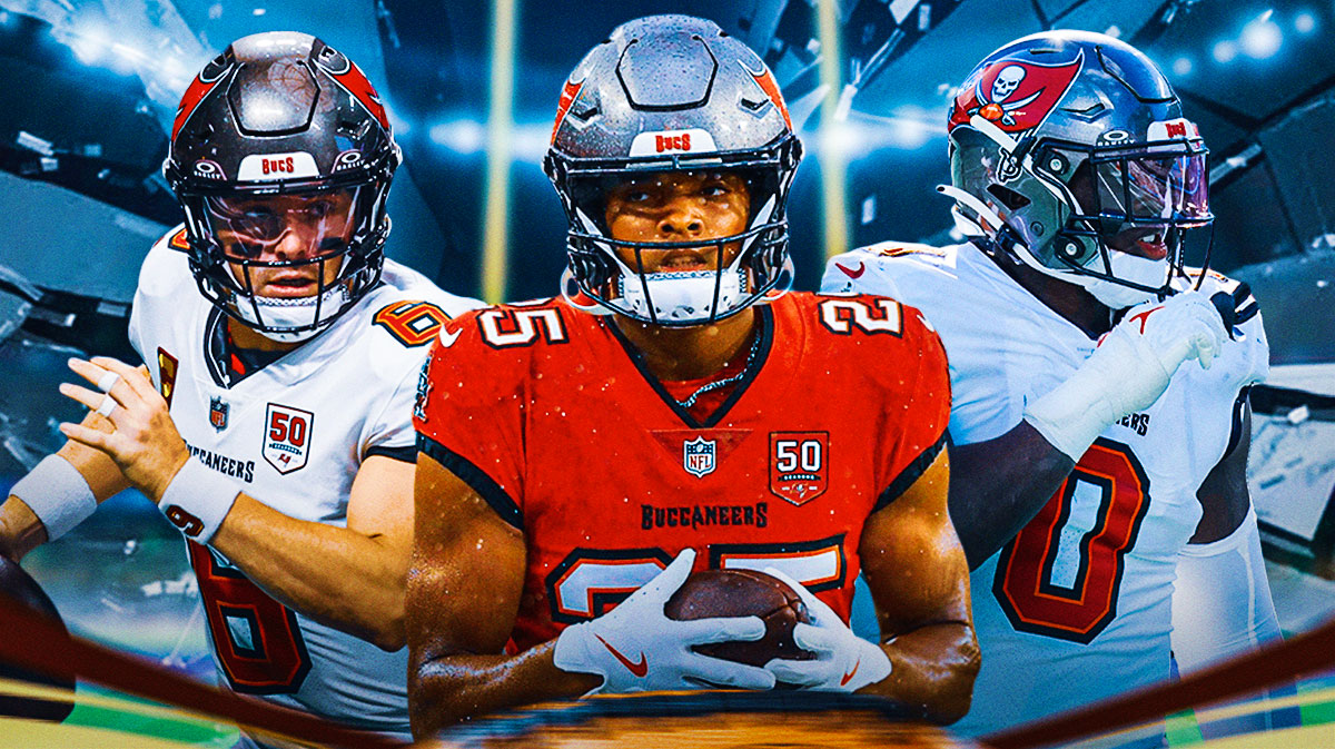 Baker Mayfield, Jacob Parrish, Yaya Diaby all beside each other, Broken Glass in the background