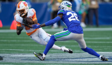 Tampa Bay Buccaneers wide receiver Tez Johnson (15) runs after making a catch as Seattle Seahawks c...