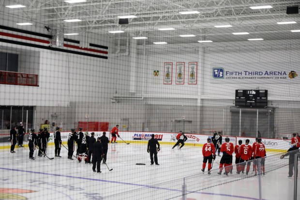 Blackhawks players practice on July 13, 2020, at Fifth Third Arena in Chicago. (Brian Cassella/Chicago Tribune)