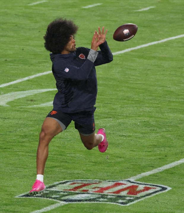Bears wide receiver Rome Odunze warms up for a game against the Commanders at Northwest Stadium Oct. 13, 2025, in Landover, Maryland. (John J. Kim/Chicago Tribune)