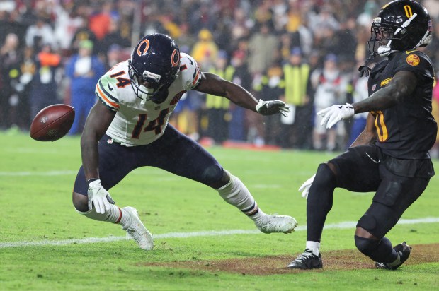 Bears wide receiver Olamide Zaccheaus (14) has the ball knocked...