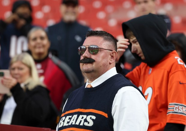 Chicago Bears fans watch warmups before the game against the Washington Commanders on Oct. 13, 2025, at Northwest Stadium in Landover, Maryland. (Brian Cassella/Chicago Tribune)