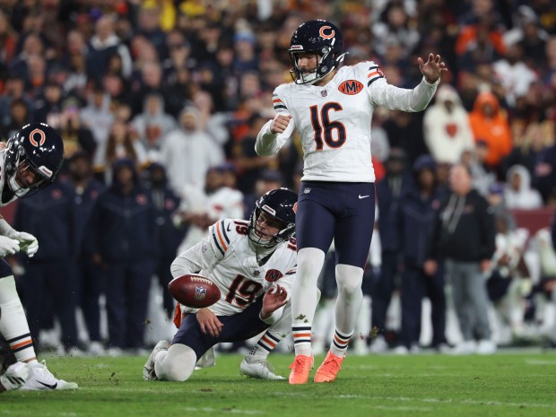 Chicago Bears kicker Jake Moody has his field goal attempt...