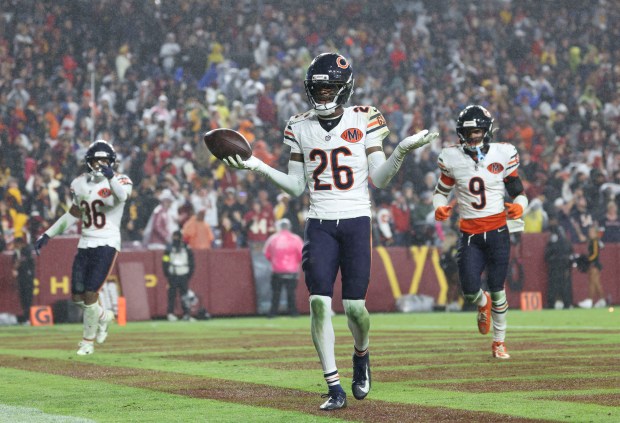 Chicago Bears cornerback Nahshon Wright (26) celebrates recovering a fumble...