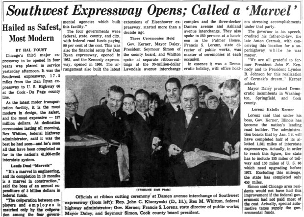 The Southwest Expressway Chicago's third major one in four years after the Dan Ryan Expressway (I-90/I-94) and U.S. Route 66 opened Oct. 24, 1964. The highway was later named Stevenson Expressway in honor of former Illinois Gov. Adlai E. Stevenson II. (Chicago Tribune)