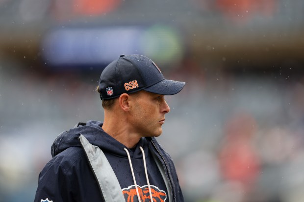 Chicago Bears head coach Ben Johnson walks on the field before the Bears play the New Orleans Saints at Soldier Field Sunday Oct. 19, 2025 in Chicago. (Armando L. Sanchez/Chicago Tribune)