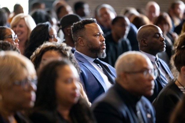 State Sen. Kam Buckner listens as the Bears announce their plans to build a new domed stadium April 24, 2024, at Soldier Field. (Brian Cassella/Chicago Tribune)