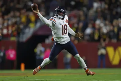 Oct 13, 2025; Landover, Maryland, USA; Chicago Bears quarterback Caleb Williams (18) throws the ball against the Washington Commanders during the third quarter at Northwest Stadium. We discuss what Williams and the Chicago Bears must do to win their game against the Saints in this Week 7 preview!