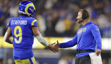 Los Angeles Rams quarterback Matthew Stafford (9) celebrates his team's rushing touchdown against t...