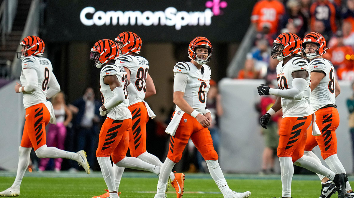 Cincinnati Bengals quarterback Jake Browning (6) walks off the field on fourth down in the first quarter of the NFL Week 4 Monday Night Football game between the Denver Broncos and the Cincinnati Bengals at Empower Field at Mile High in Denver on Monday, Sept. 29, 2025.