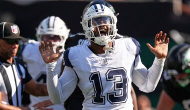 Dallas Cowboys' Dante Fowler Jr. reacts after sacking New York Jets' Justin Fields during the second half of an NFL football game Sunday, Oct. 5, 2025, in East Rutherford, N.J. (AP Photo/Seth Wenig)