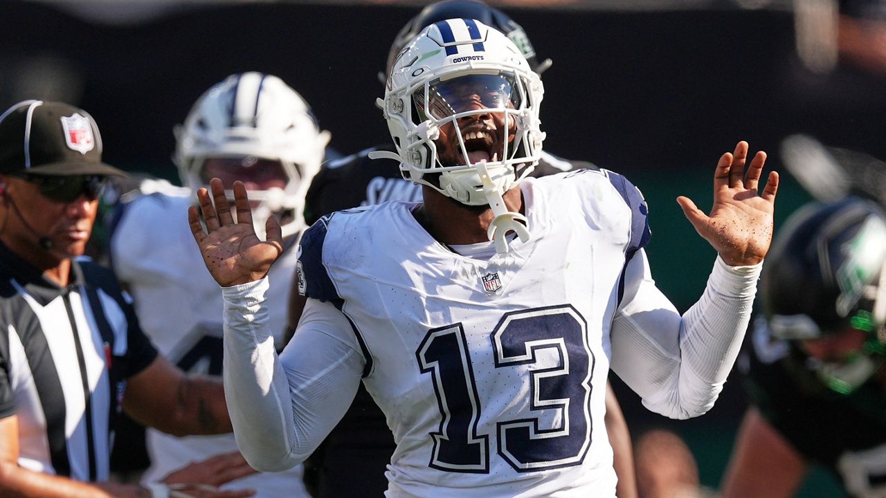 Dallas Cowboys' Dante Fowler Jr. reacts after sacking New York Jets' Justin Fields during the second half of an NFL football game Sunday, Oct. 5, 2025, in East Rutherford, N.J. (AP Photo/Seth Wenig)