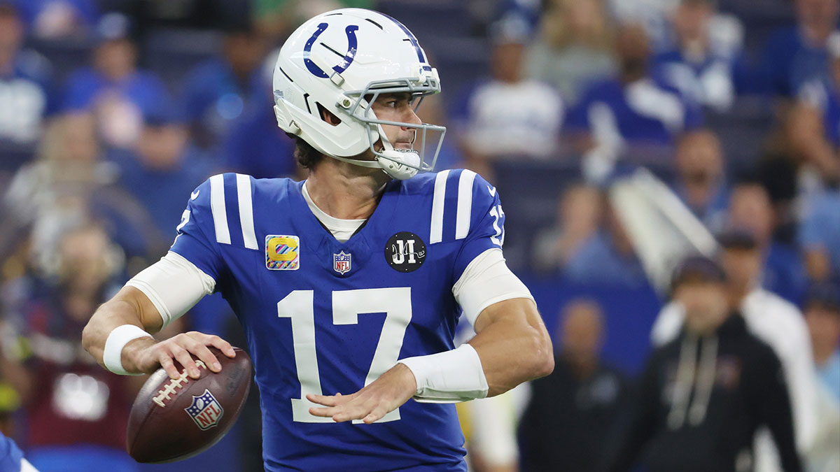 Indianapolis Colts quarterback Daniel Jones (17) passes the ball against the Las Vegas Raiders during the first quarter at Lucas Oil Stadium.