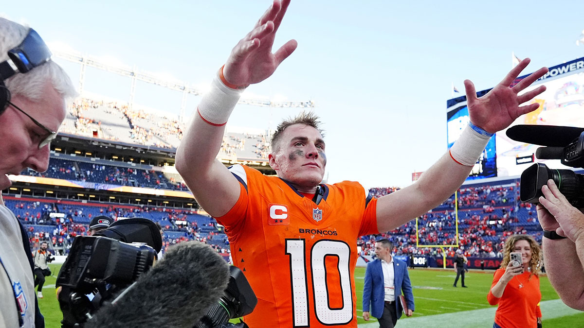 Denver Broncos quarterback Bo Nix (10) celebrates after the win against the New York Giants at Empower Field at Mile High.