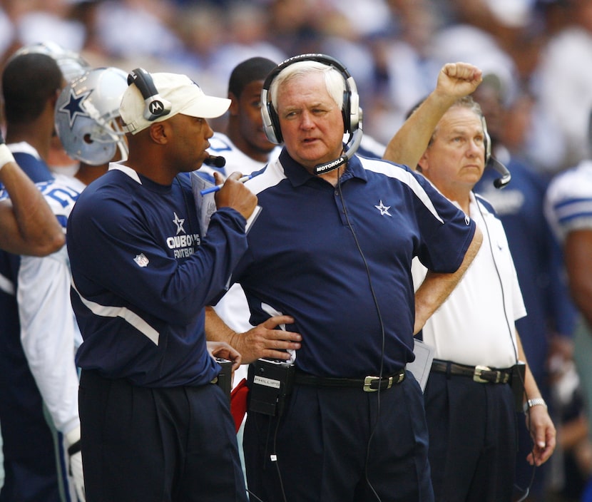 Cowboys coaches Brian Stewart (left), Wade Phillips (center) and Dave Campo (right) are...