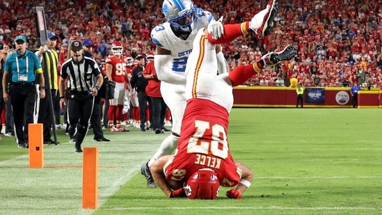 Kansas City Chiefs tight end Travis Kelce lands on his head after being tackled by cornerback Rock Ya-Sin of the Detroit Lions during the NFL 2025 game at Arrowhead Stadium on October 12.(Getty Images via AFP)