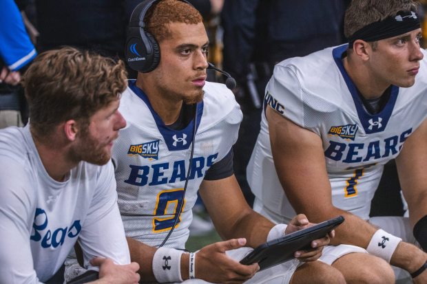 UNC quarterback Eric Gibson Jr. on the bench during the Bears' 49-33 Big Sky Conference upset of nationally ranked Idaho on Saturday, Oct. 11, 2025 at the Kibbie Dome in Moscow, Idaho. Gibson Jr. was 22 of 34 passing for 350 yards and two touchdowns. It's the third time he's thrown for at least 300 yards in five starts for the Bears this season. (Courtesy/UNC Athletics, Jesus Ayala).