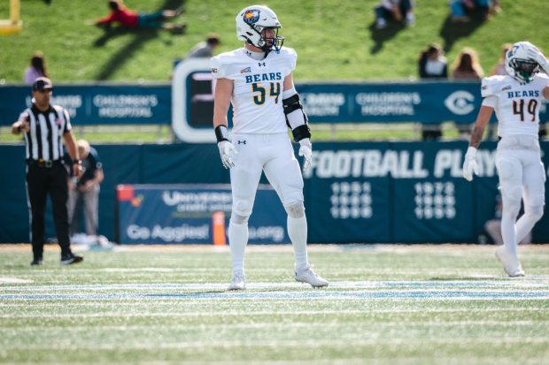 University of Northern Colorado football linebacker Hudson Voggesser during a November 2024 game against UC Davis in Davis, California. Voggesser, who went to Loveland High School, was named the Big Sky Conference defensive player of the week Sept. 15, 2025 after recording 16 tackles in a 24-17 loss Sept. 13 at the University of South Dakota. (Courtesy/UNC Athletics, Jesus Ayala).