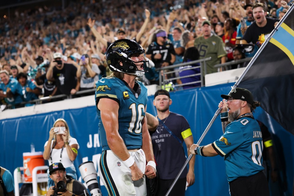 revor Lawrence #16 of the Jacksonville Jaguars celebrates a touchdown in the third quarter of an NFL football game against the Kansas City Chiefs at EverBank Stadium