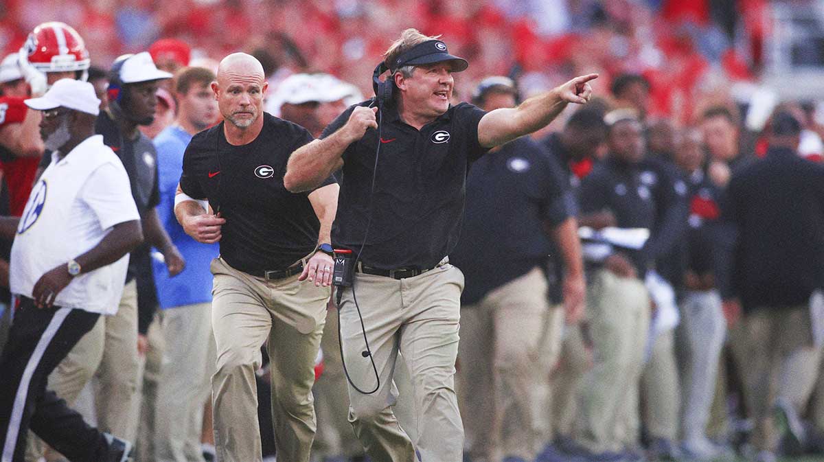 Georgia Bulldogs head coach Kirby Smart reacts during the fourth quarter of the game against the Mississippi Rebels at Sanford Stadium.