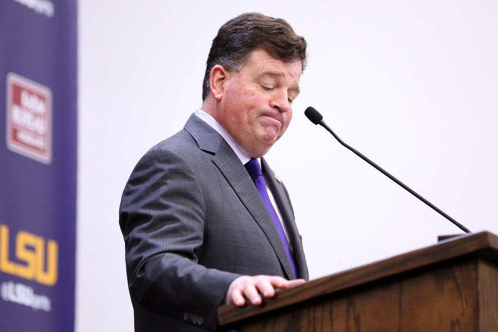 LSU athletics director Scott Woodward introduces Brian Kelly as the head coach of the LSU Tigers during a news conference at Tiger Stadium on December 01, 2021 in Baton Rouge, Louisiana.