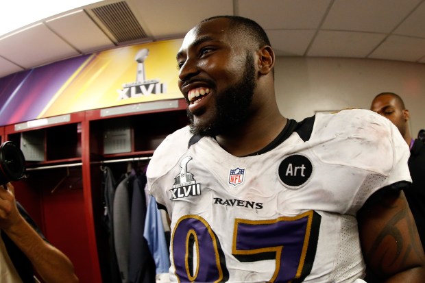 Arthur Jones of the Baltimore Ravens celebrates in the locker room following their 34-31 win against the San Francisco 49ers during Super Bowl XLVII at the Mercedes-Benz Superdome on February 3, 2013 in New Orleans, Louisiana. (Photo by Chris Graythen/Getty Images)