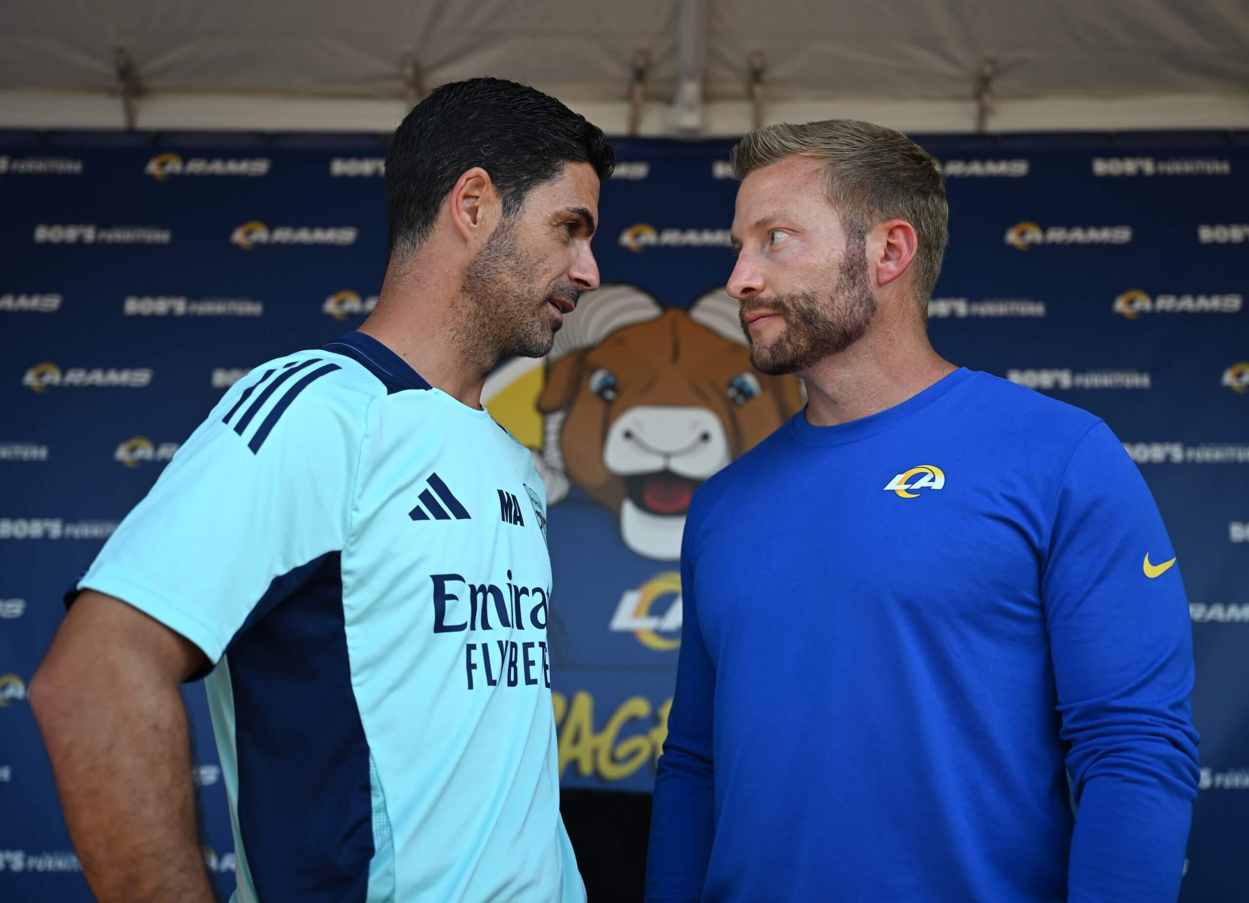 Arsenal manager Mikel Arteta and LA Rams head coach Sean McVay speak in Los Angeles