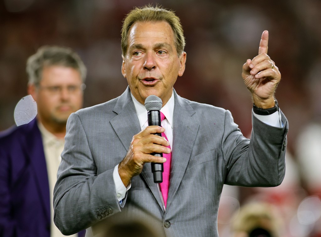 Former University of Alabama head football coach Nick Saban is honored with a ceremony dedicating the field in his name during the halftime break between the Alabama Crimson Tide and South Florida Bulls at Bryant-Denny Stadium on September 7, 2024 in Tuscaloosa, Alabama. 