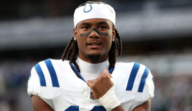 Adonai Mitchell #10 of the Indianapolis Colts looks on against the New York Jets at MetLife Stadium...
