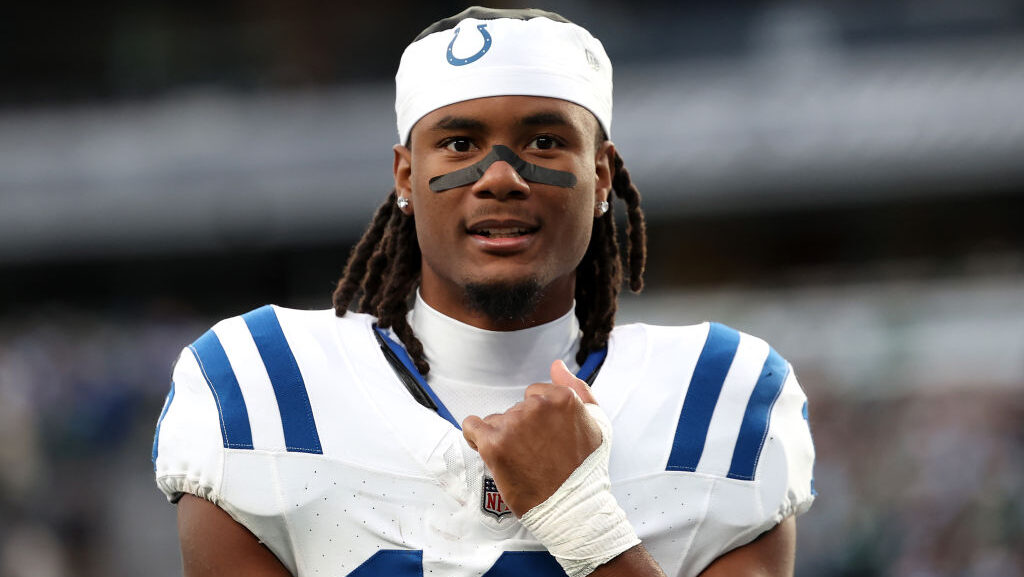 Adonai Mitchell #10 of the Indianapolis Colts looks on against the New York Jets at MetLife Stadium...