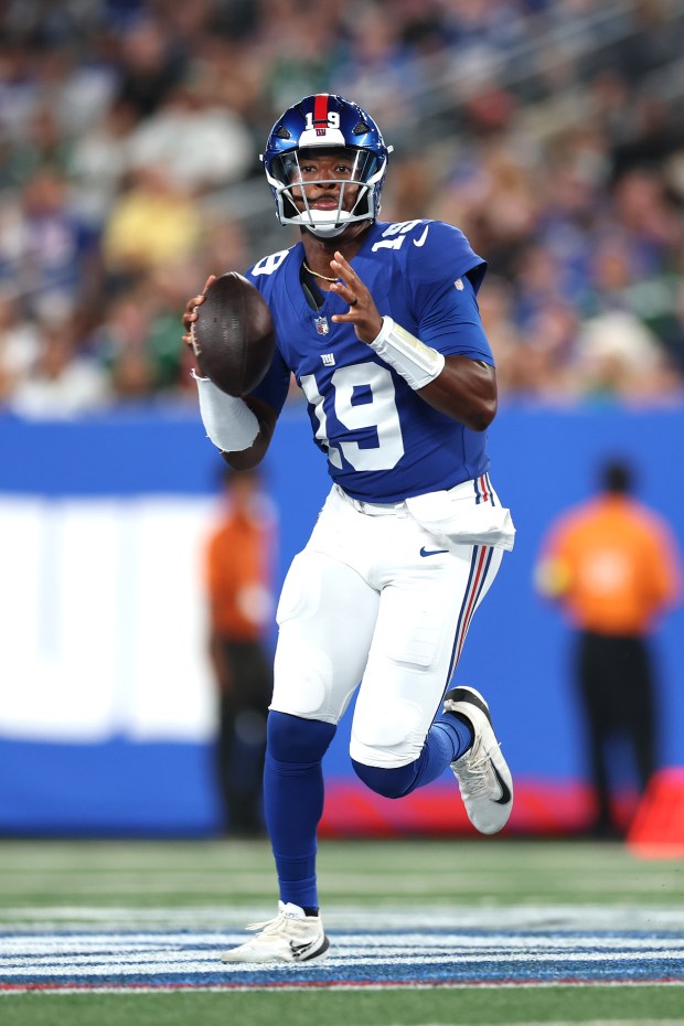 Jameis Winston of the New York Giants in action during a NFL Preseason 2025 game between New York Jets and New York Giants at MetLife Stadium on August 16, 2025 in East Rutherford, New Jersey.(Photo by Ishika Samant/Getty Images)