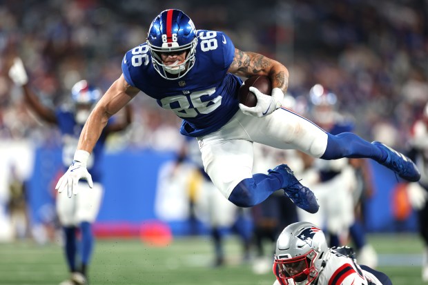 Thomas Fidone II of the New York Giants jumps toward the end zone during the second half of a NFL Preseason 2025 game between New England Patriots and New York Giants at MetLife Stadium on August 21, 2025 in East Rutherford, New Jersey. (Photo by Ishika Samant/Getty Images)