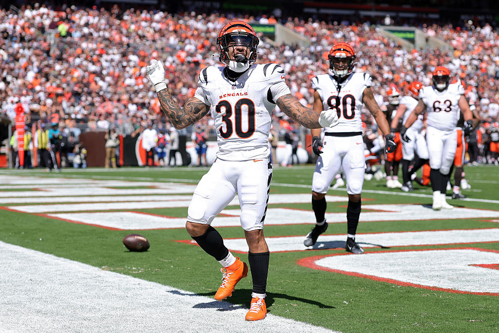 CLEVELAND, OHIO - SEPTEMBER 07: Chase Brown #30 of the Cincinnati Bengals celebrates a touchdown during the first quarter against the Cleveland Browns during the game at Huntington Bank Field on September 07, 2025 in Cleveland, Ohio. (Photo by Gregory Shamus/Getty Images)