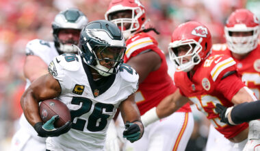 Running back Saquon Barkley 26 of the Philadelphia Eagles carries the ball during the game against the Kansas City Chiefs at Arrowhead Stadium on September 14, 2025 in Kansas City, Missouri.