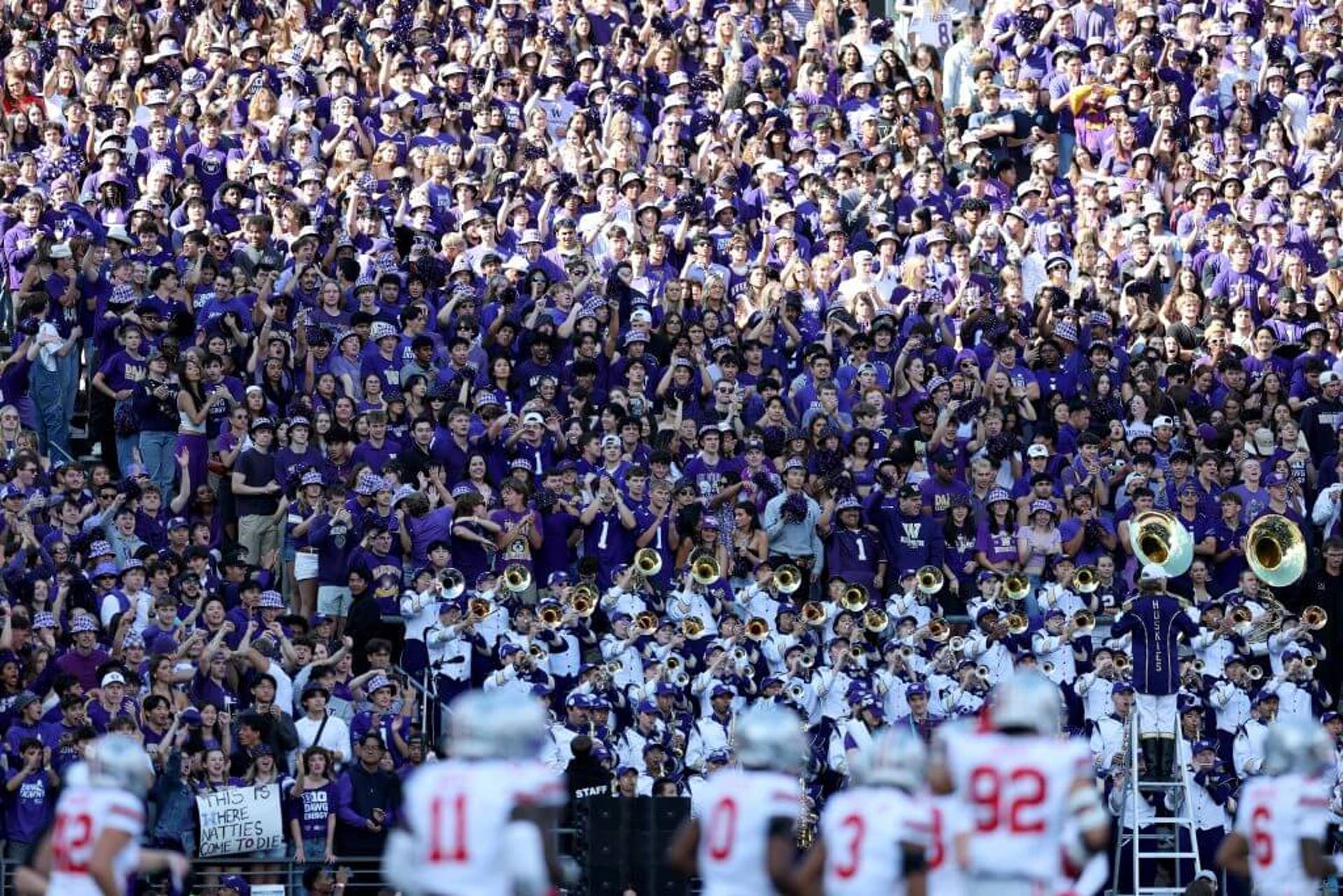Washington Huskies fans cheer during a game against Ohio State at Husky Stadium in September.