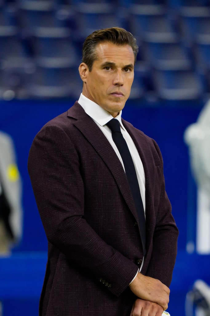 Brady Quinn on the sideline before calling the Colts-Raiders game in Indianapolis on Oct. 5, 2025.