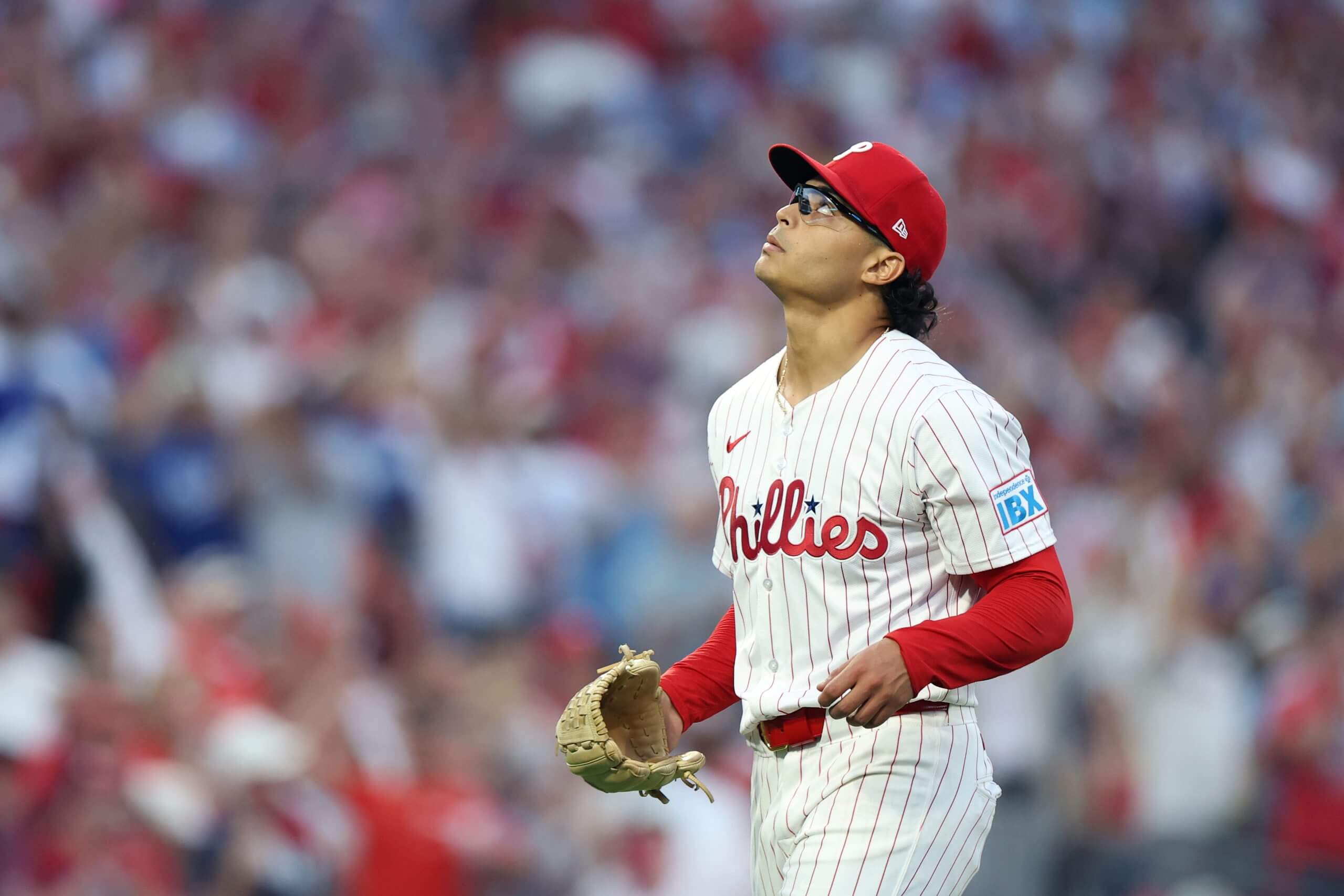 Jesús Luzardo looks toward the sky while pitching during the postseason